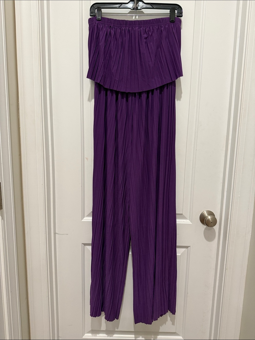 Pleated Strapless Wide-Leg Jumpsuit in Deep Purple